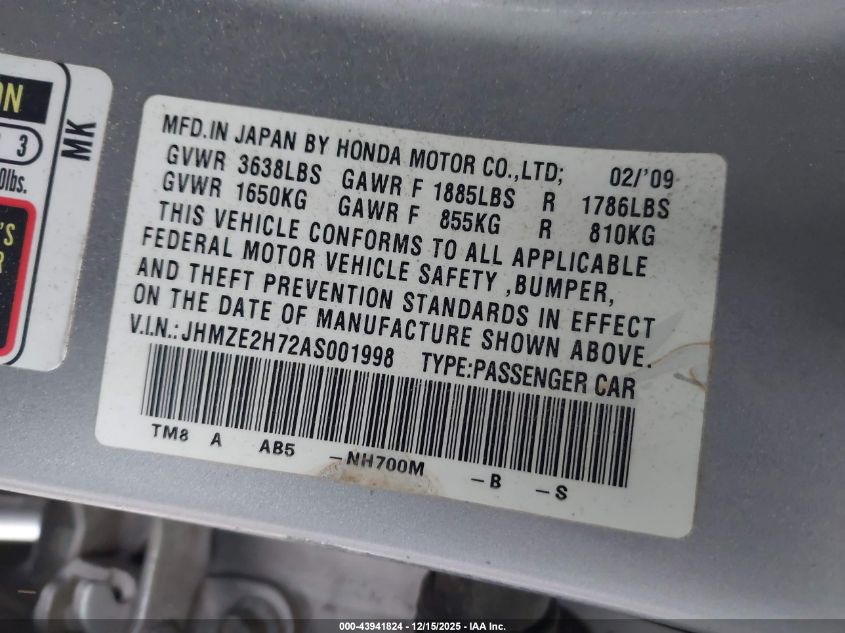 2010 Honda Insight Ex VIN: JHMZE2H72AS001998 Lot: 43941824