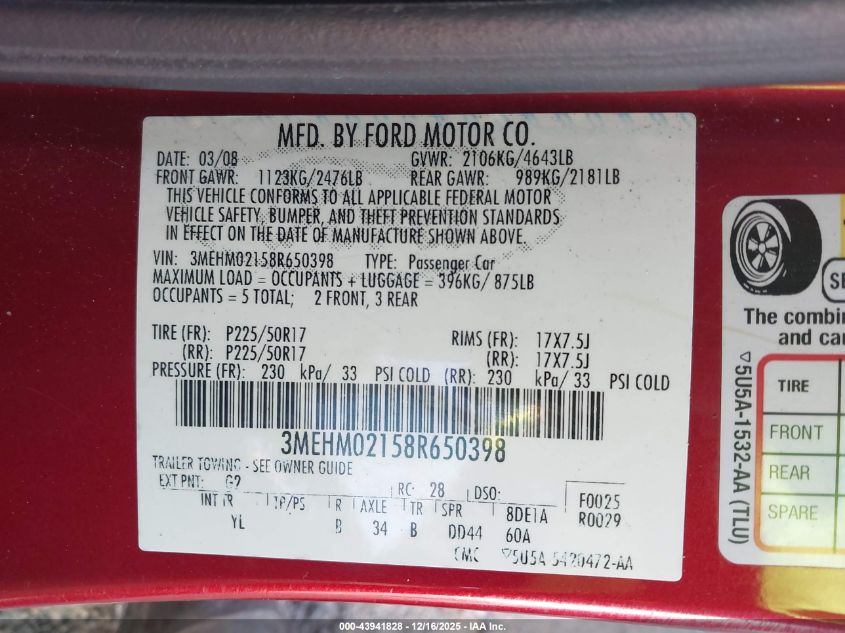 2008 Mercury Milan V6 Premier VIN: 3MEHM02158R650398 Lot: 43941828