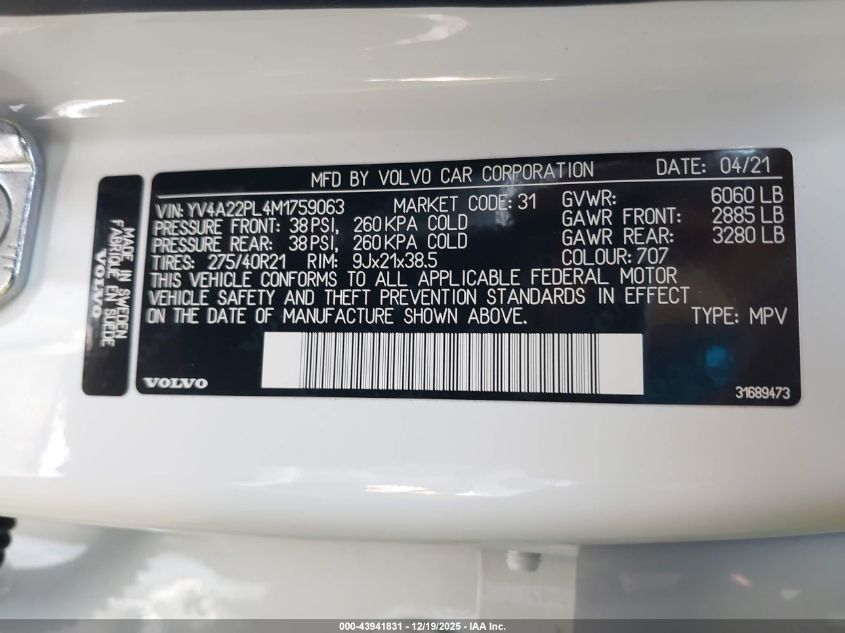 2021 Volvo Xc90 T6 Inscription 7 Passenger VIN: YV4A22PL4M1759063 Lot: 43941831