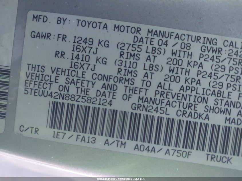 2008 Toyota Tacoma Base V6 VIN: 5TEUU42N88Z582124 Lot: 43941832