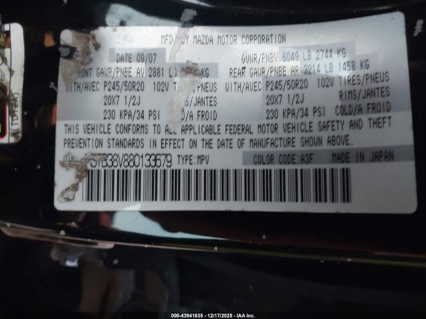 2008 Mazda Cx-9 Grand Touring VIN: JM3TB38V880133679 Lot: 43941835