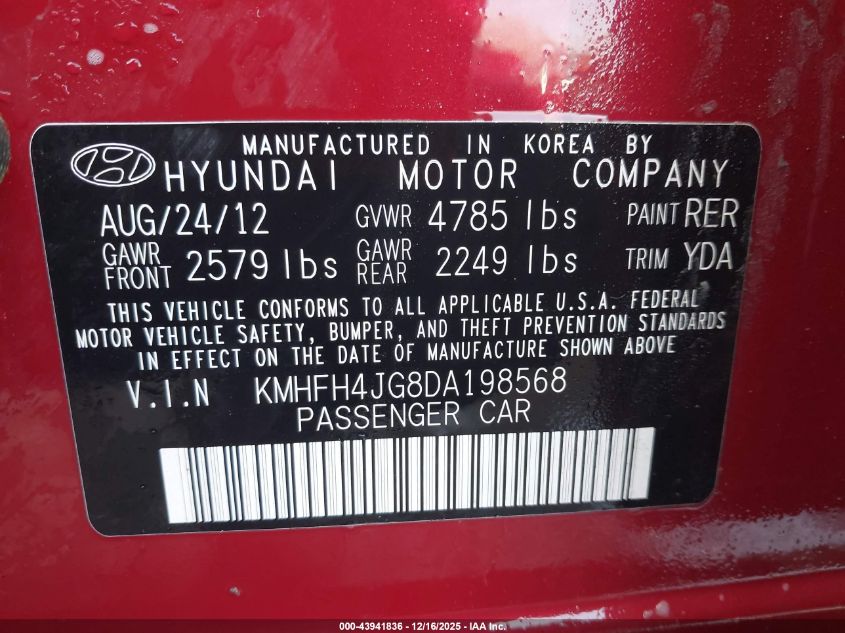 2013 Hyundai Azera VIN: KMHFH4JG8DA198568 Lot: 43941836