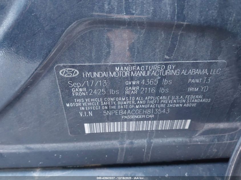 2014 Hyundai Sonata Gls VIN: 5NPEB4AC0EH813543 Lot: 43941837