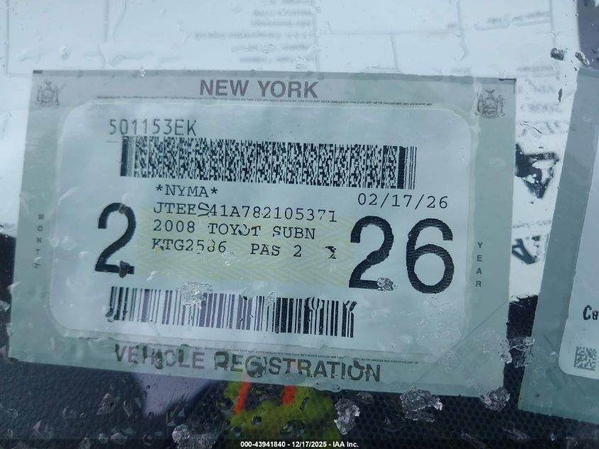 2008 Toyota Highlander VIN: JTEES41A782105371 Lot: 43941840