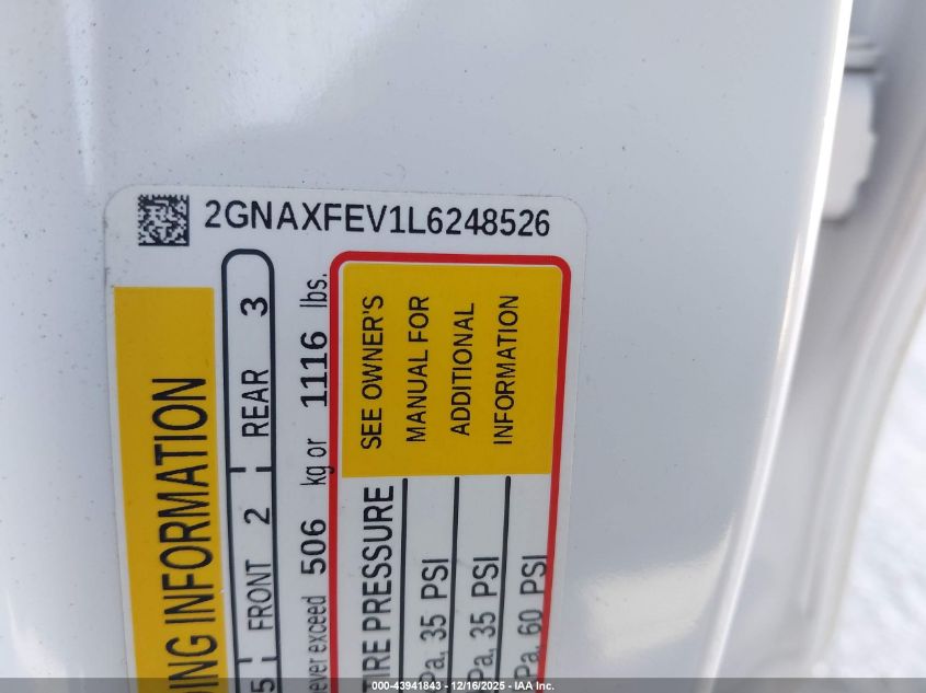 2020 Chevrolet Equinox Fwd 1Fl VIN: 2GNAXFEV1L6248526 Lot: 43941843