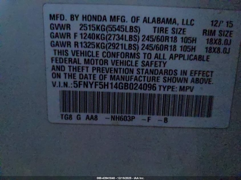 2016 Honda Pilot Lx VIN: 5FNYF5H14GB024096 Lot: 43941848