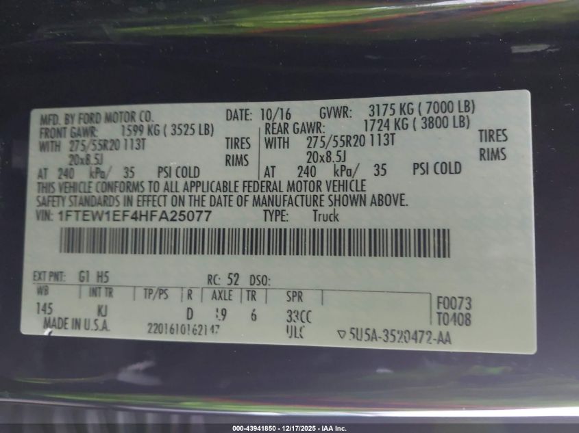 2017 Ford F-150 King Ranch VIN: 1FTEW1EF4HFA25077 Lot: 43941850