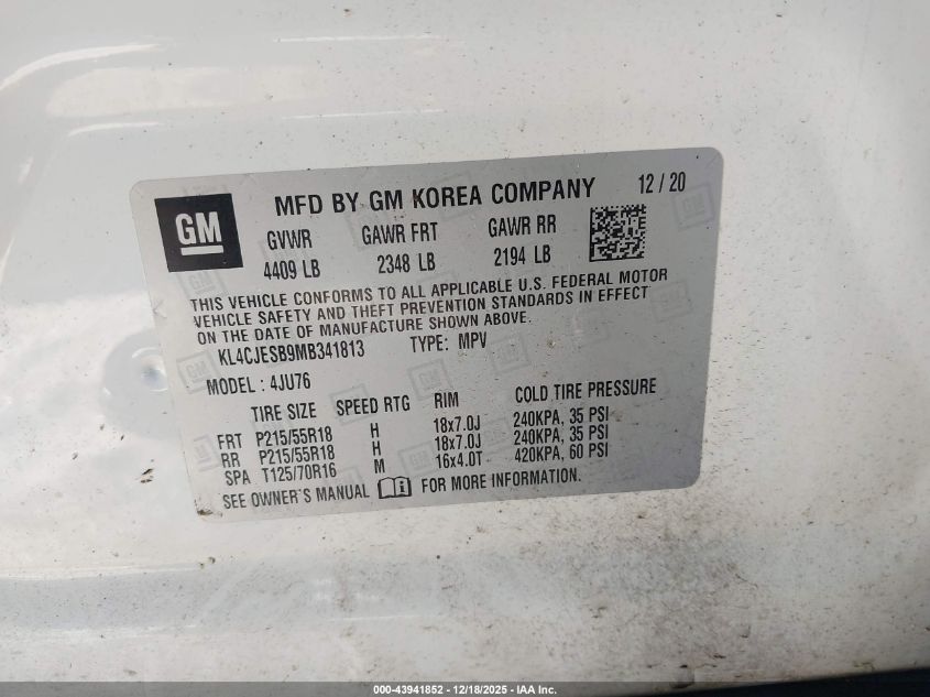 2021 Buick Encore Awd Preferred VIN: KL4CJESB9MB341813 Lot: 43941852