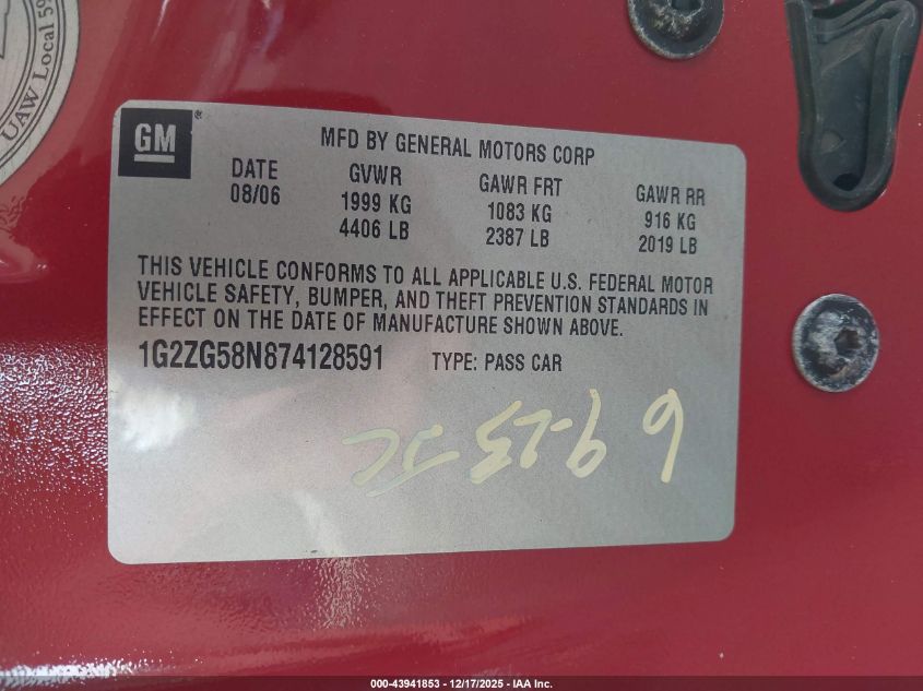 2007 Pontiac G6 VIN: 1G2ZG58N874128591 Lot: 43941853