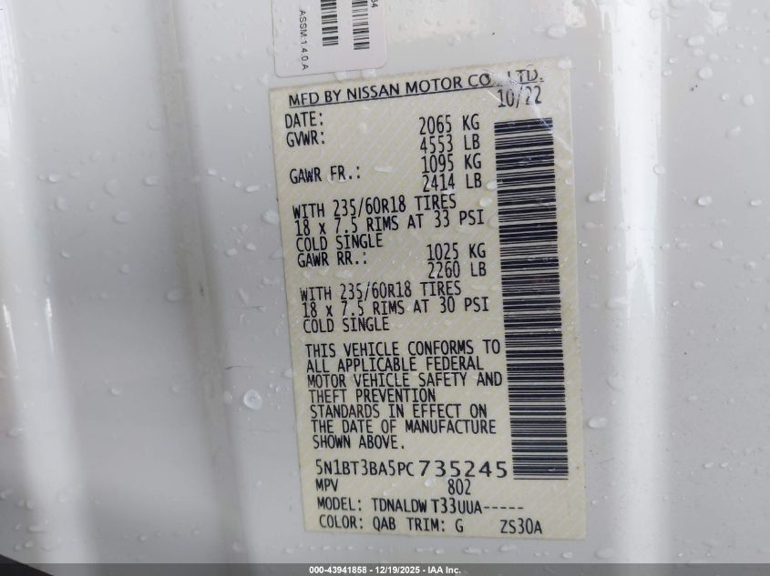 2023 Nissan Rogue Sv Fwd VIN: 5N1BT3BA5PC735245 Lot: 43941858