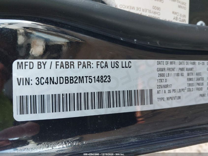 2021 Jeep Compass North VIN: 3C4NJDBB2MT514823 Lot: 43941860