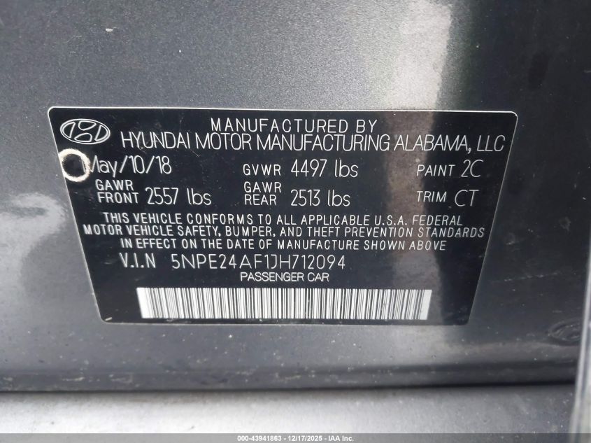 2018 Hyundai Sonata Se VIN: 5NPE24AF1JH712094 Lot: 43941863