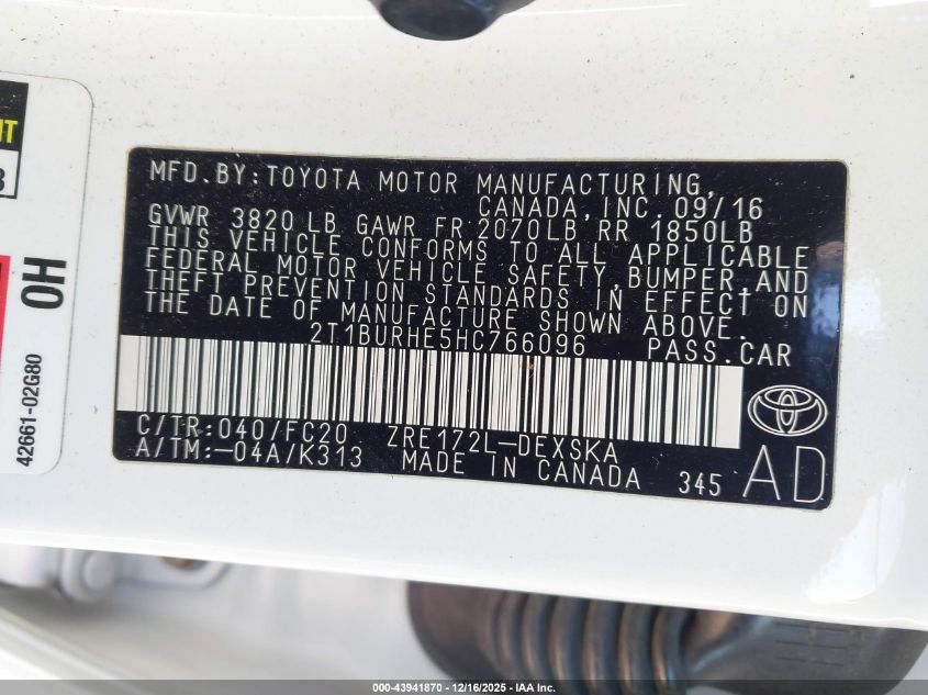 2017 Toyota Corolla Se VIN: 2T1BURHE5HC766096 Lot: 43941870