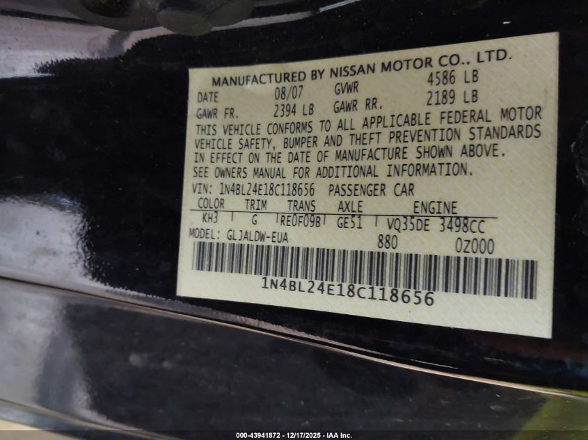 2008 Nissan Altima 3.5 Se VIN: 1N4BL24E18C118656 Lot: 43941872