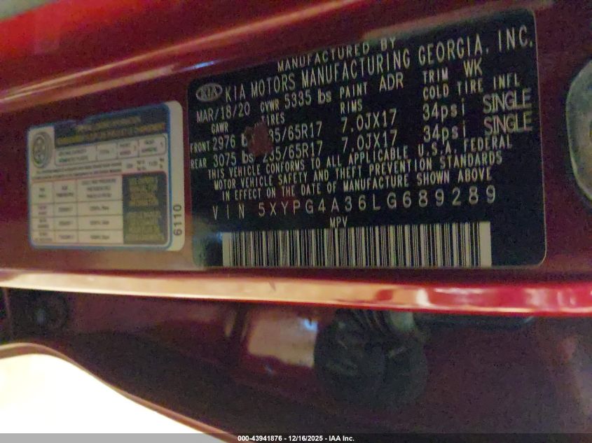 2020 Kia Sorento 2.4L Lx VIN: 5XYPG4A36LG689289 Lot: 43941876