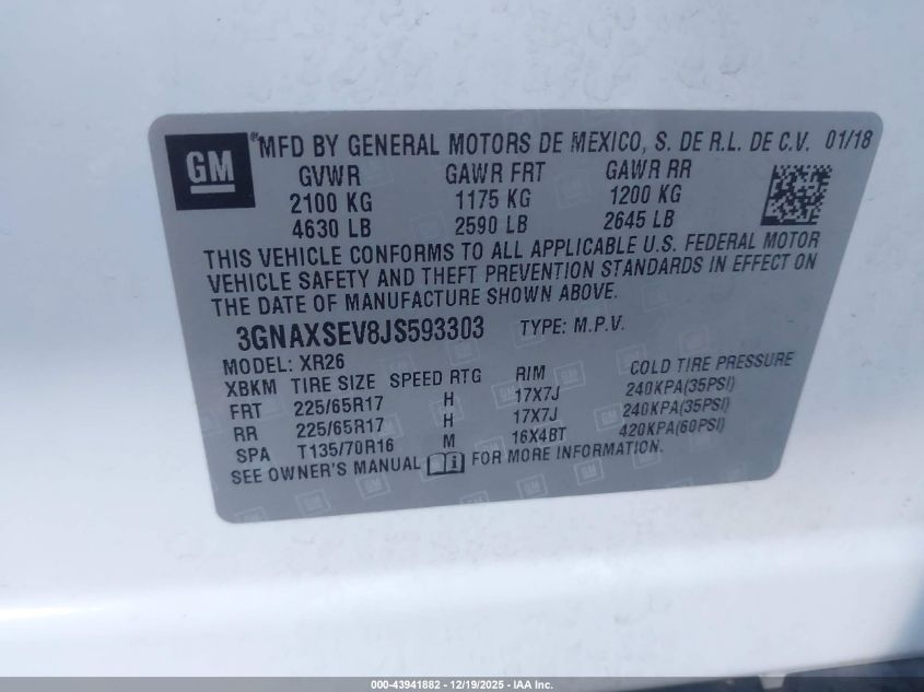 2018 Chevrolet Equinox Lt VIN: 3GNAXSEV8JS593303 Lot: 43941882