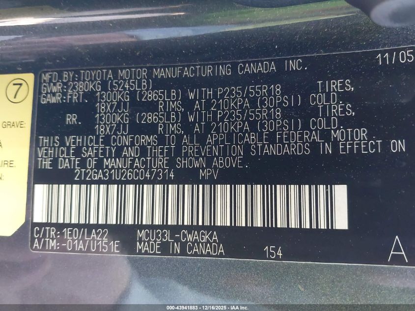 2006 Lexus Rx 330 VIN: 2T2GA31U26C047314 Lot: 43941883