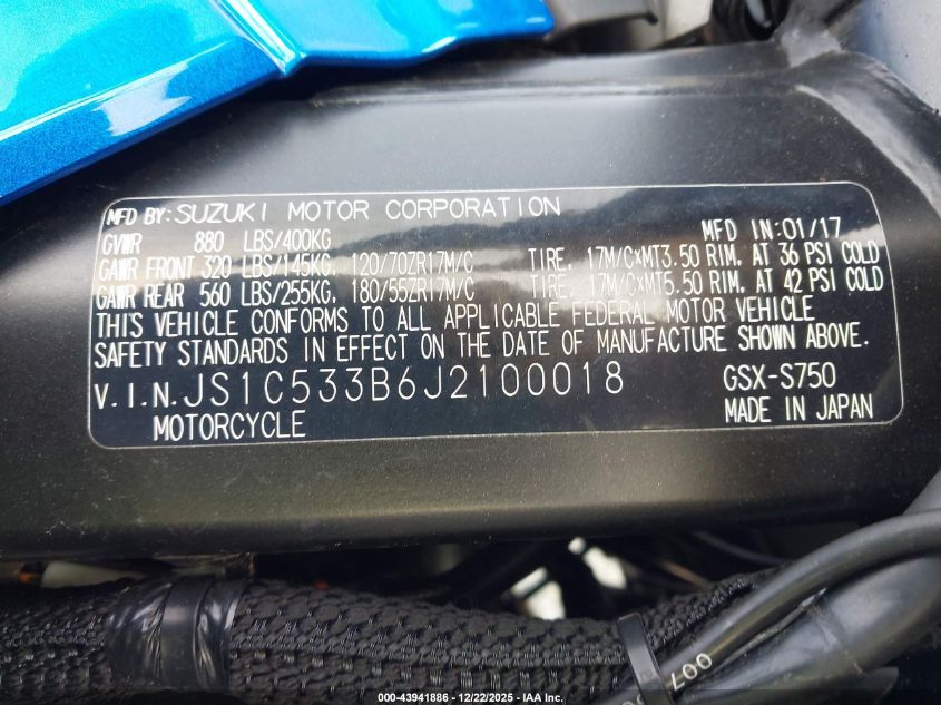2018 Suzuki Gsx-S750 M/Z VIN: JS1C533B6J2100018 Lot: 43941886