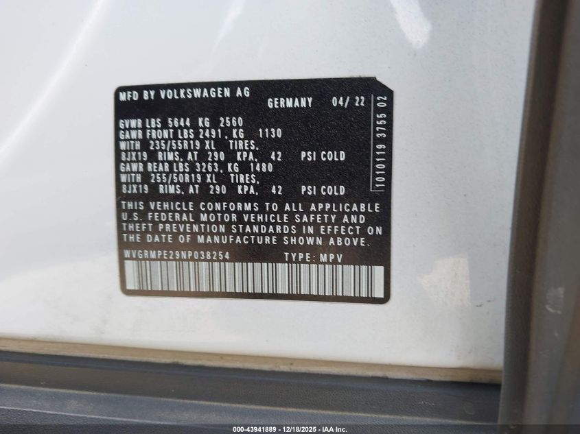 2022 Volkswagen Id.4 Pro VIN: WVGRMPE29NP038254 Lot: 43941889