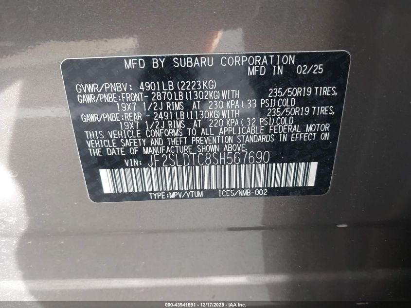 2025 Subaru Forester Touring VIN: JF2SLDTC8SH567690 Lot: 43941891