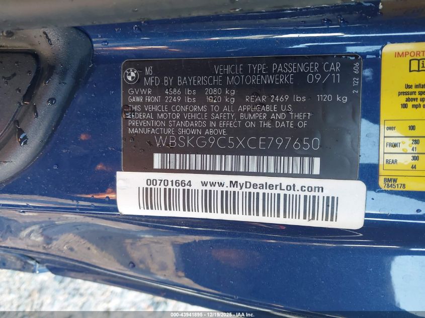 2012 BMW M3 VIN: WBSKG9C5XCE797650 Lot: 43941895