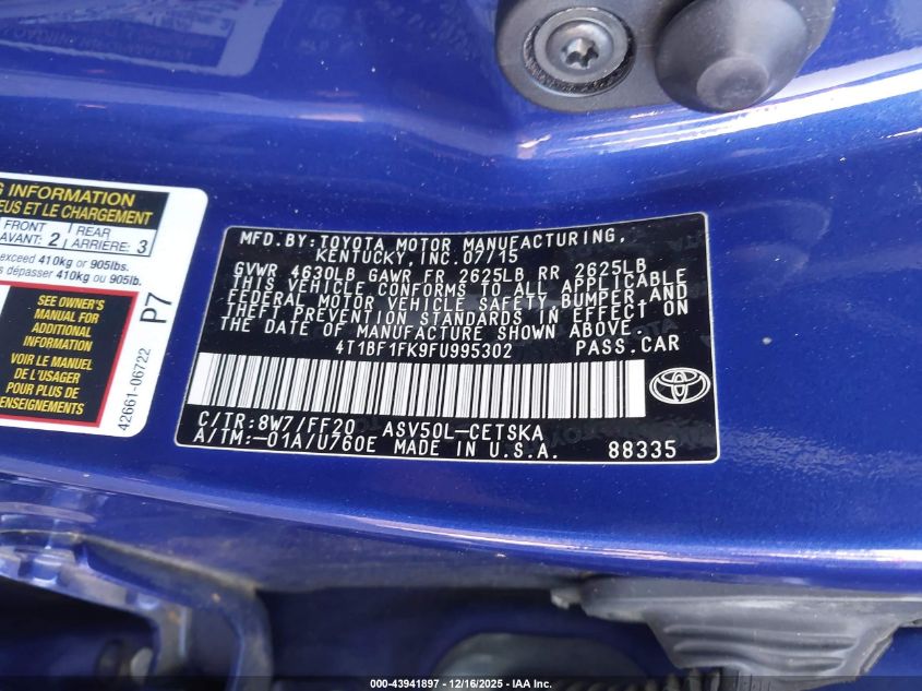 2015 Toyota Camry Se VIN: 4T1BF1FK9FU995302 Lot: 43941897