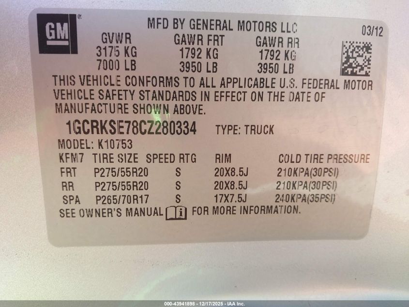 2012 Chevrolet Silverado 1500 Lt VIN: 1GCRKSE78CZ280334 Lot: 43941898
