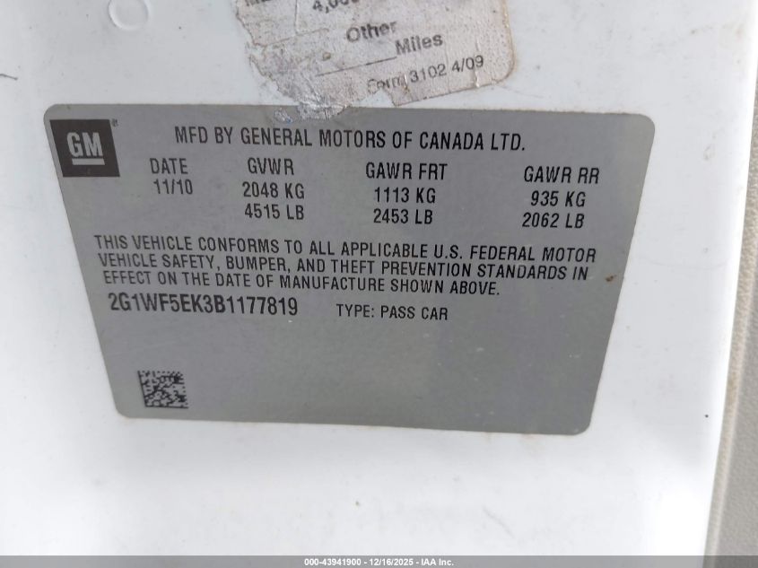 2011 Chevrolet Impala Ls VIN: 2G1WF5EK3B1177819 Lot: 43941900