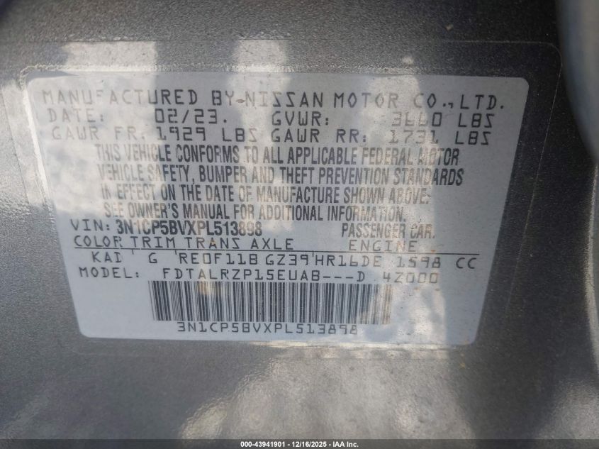 2023 Nissan Kicks S Xtronic Cvt VIN: 3N1CP5BVXPL513898 Lot: 43941901