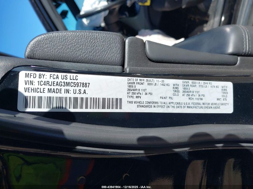 2021 Jeep Grand Cherokee Laredo E 4X2 VIN: 1C4RJEAG3MC597887 Lot: 43941904