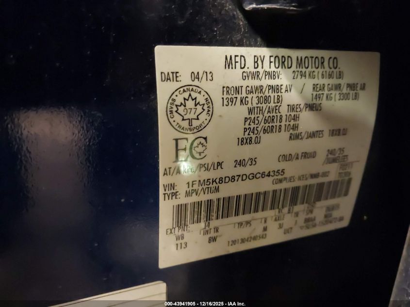 2013 Ford Explorer Xlt VIN: 1FM5K8D87DGC64355 Lot: 43941905