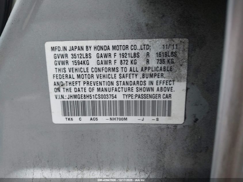 2012 Honda Fit Sport VIN: JHMGE8H51CS003754 Lot: 43941906