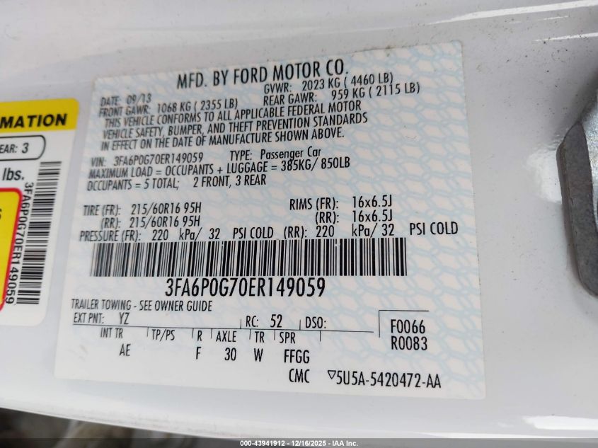 2014 Ford Fusion S VIN: 3FA6P0G70ER149059 Lot: 43941912