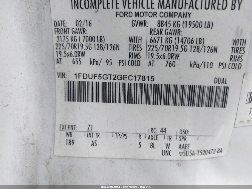 2016 Ford F-550 Chassis Xl VIN: 1FDUF5GT2GEC17815 Lot: 43941914