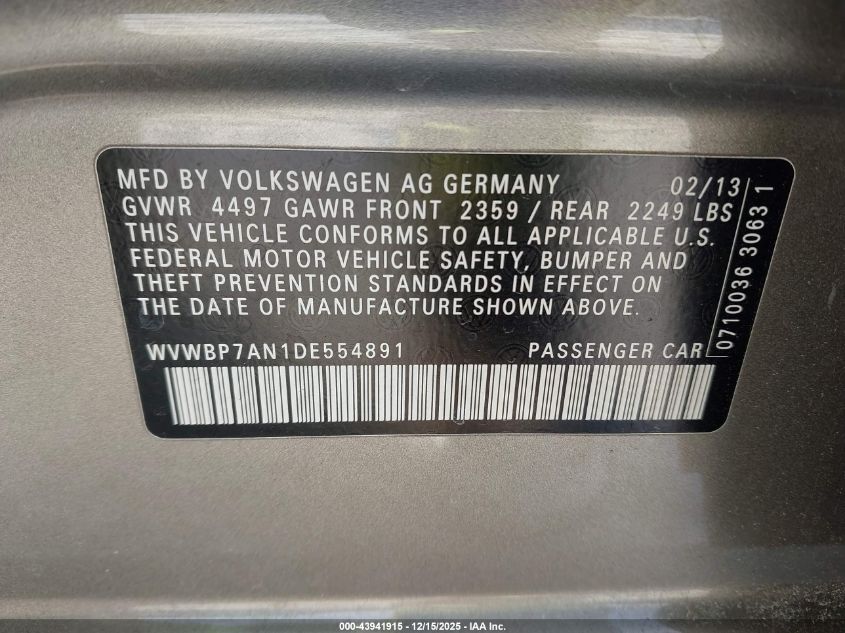 2013 Volkswagen Cc 2.0T Sport VIN: WVWBP7AN1DE554891 Lot: 43941915