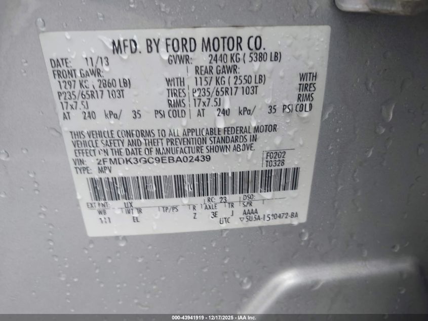 2014 Ford Edge Se VIN: 2FMDK3GC9EBA02439 Lot: 43941919