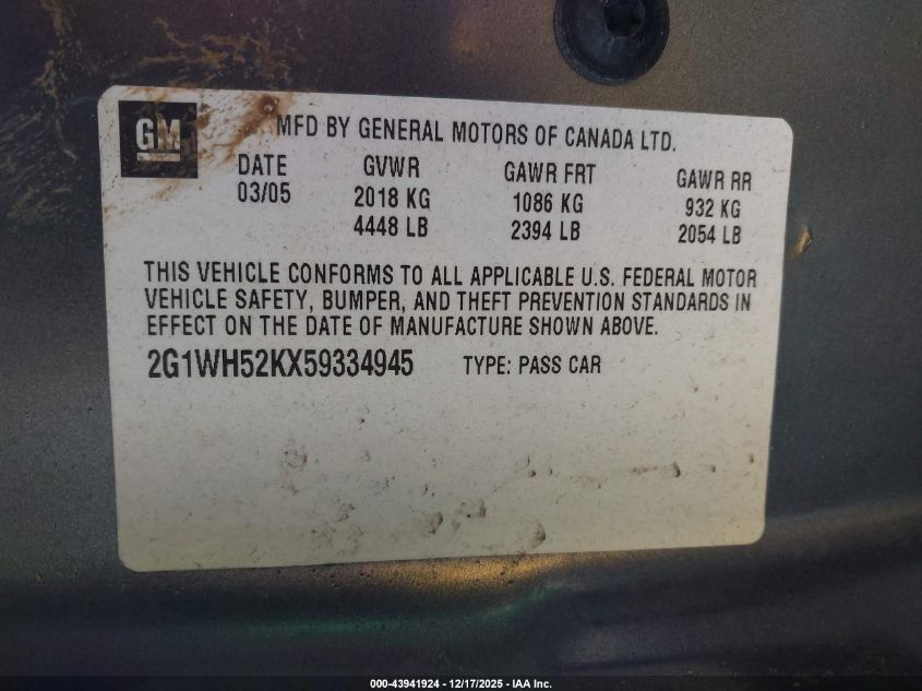 2005 Chevrolet Impala Ls VIN: 2G1WH52KX59334945 Lot: 43941924