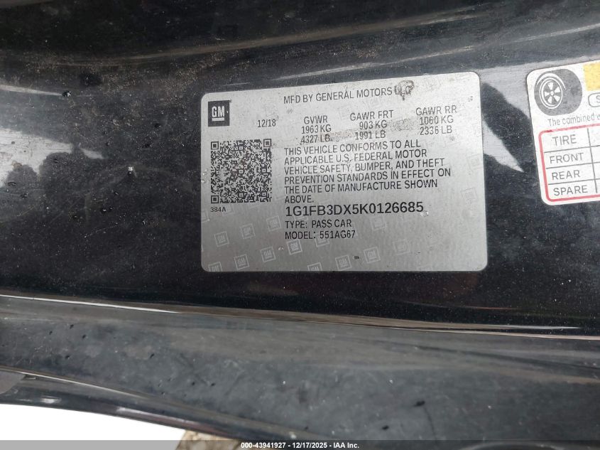 2019 Chevrolet Camaro 1Lt VIN: 1G1FB3DX5K0126685 Lot: 43941927