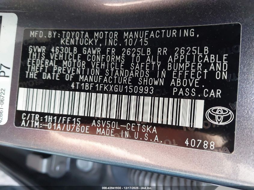 2016 Toyota Camry Se VIN: 4T1BF1FKXGU150993 Lot: 43941930