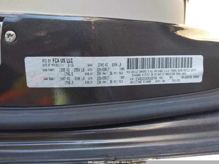 2016 Dodge Grand Caravan Sxt VIN: 2C4RDGCG4GR328700 Lot: 43941937