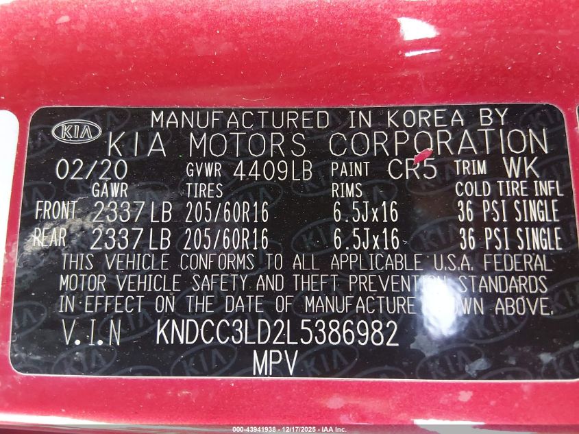 2020 Kia Niro Plug-In Hybrid Ex Premium VIN: KNDCC3LD2L5386982 Lot: 43941938