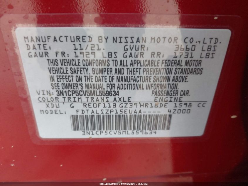 2021 Nissan Kicks Sv Xtronic Cvt VIN: 3N1CP5CV5ML559634 Lot: 43941939