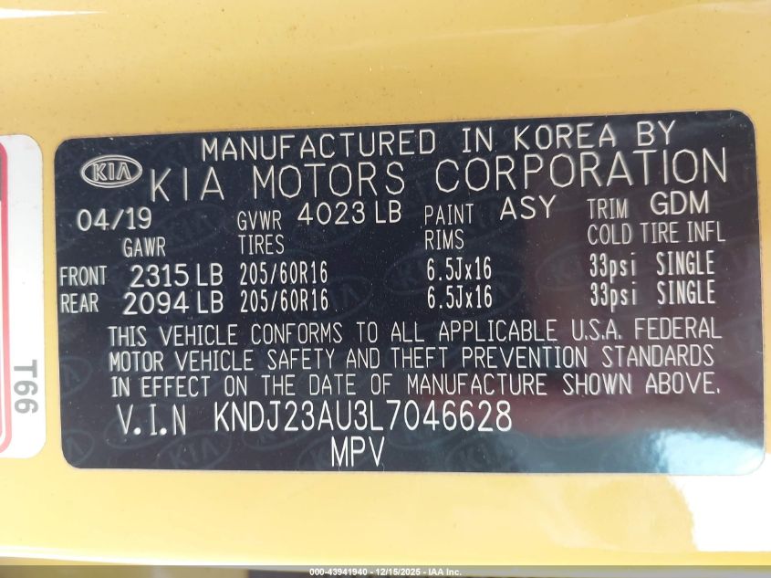 2020 Kia Soul Lx VIN: KNDJ23AU3L7046628 Lot: 43941940