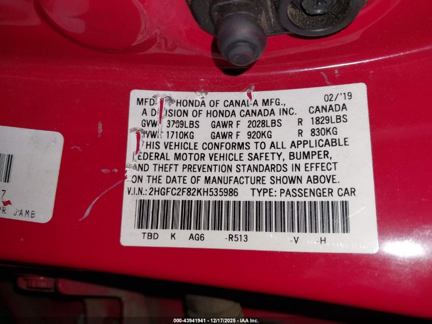 2019 Honda Civic Sport VIN: 2HGFC2F82KH535986 Lot: 43941941