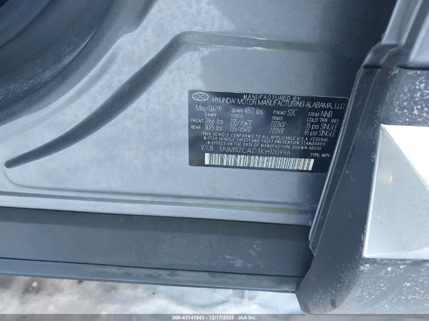 2019 Hyundai Santa Fe Se VIN: 5NMS2CAD3KH120996 Lot: 43941943