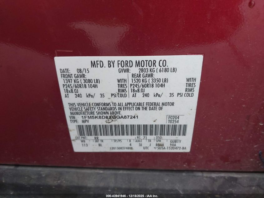 2016 Ford Explorer Xlt VIN: 1FM5K8D8XGGA87241 Lot: 43941946