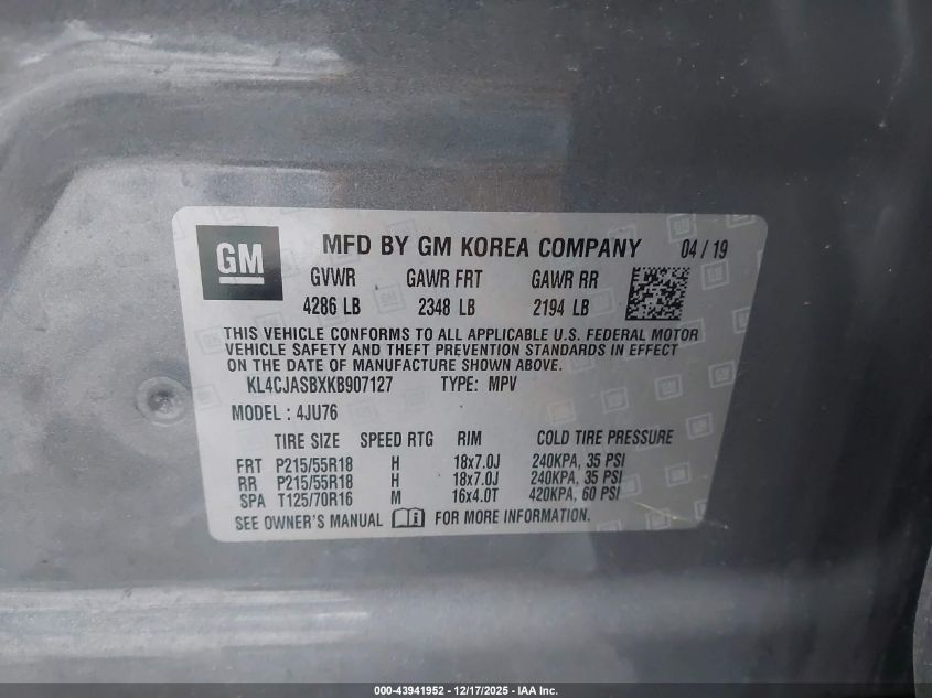 2019 Buick Encore Fwd Preferred VIN: KL4CJASBXKB907127 Lot: 43941952