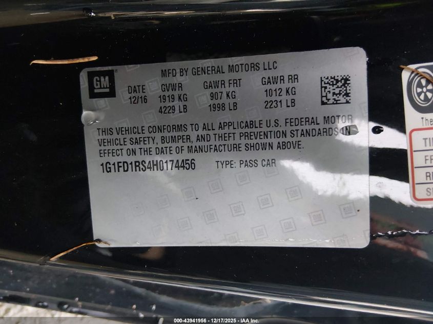 2017 Chevrolet Camaro 2Lt VIN: 1G1FD1RS4H0174456 Lot: 43941956