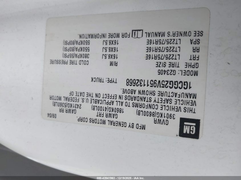 2005 Chevrolet Express VIN: 1GCGG25V951132668 Lot: 43941963