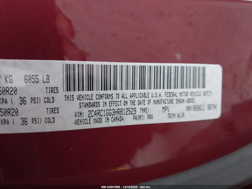 2017 Chrysler Pacifica Limited VIN: 2C4RC1GG3HR812529 Lot: 43941965